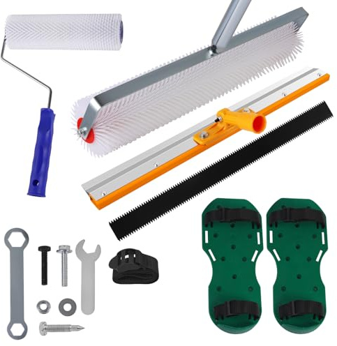 Self-Levelling Cement Tool Kit, Floor Construction Roller Spike Shoes, 20inch Stainless Steel Scraper Self-Leveling Rake, Spiked Roller, Epoxy Floor Paint Tool for Self Leveling Cement