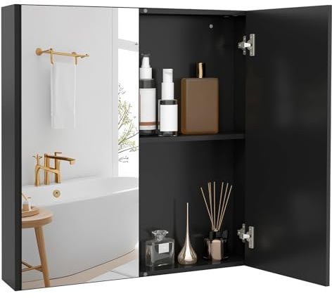 COSTWAY Spiegelschrank Bad, Wandschrank Badezimmerschrank mit Spiegel, Hängeschrank Badezimmerspiegel Holz für Badezimmer, 62 x 11,5 x 65cm (Schwarz)