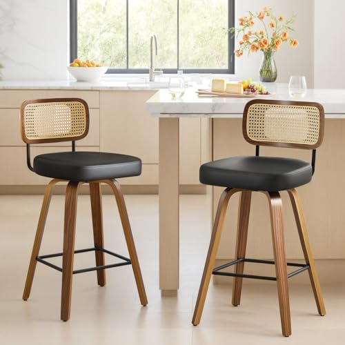 Bekrvio Barhocker 2er Set 74 cm Sitzhöhe, Barhocker Rattan mit Lehne, 360° drehbar, extra Dicker Sitz (7,1 cm), Barstuhl Holz mit 4 Beinen, für hohe Kücheninsel & Theke (101–109 cm) Schwarz