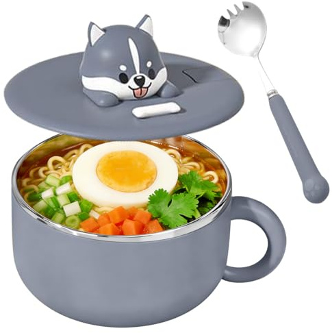 Ramen Schüssel mit Deckel, Ramen Bowl mit Wärmeisolierung Siegel und Löffel, Instant Nudeln Schüssel aus 304 Edelstahl, Tragbarer Nudelschüssel fur Suppe, Nudeln, Knödel und Salate (Husky)