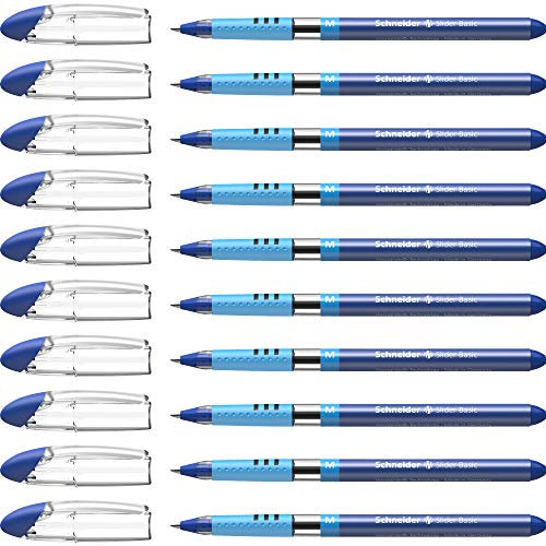 Schneider 151103 Slider Basic Kugelschreiber (Kappenmodell mit Soft-Grip-Zone, Strichstärke M) 10er Pack, blau
