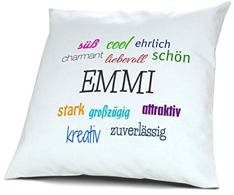 digital print Kopfkissen mit Namen Emmi - Motiv Positive Eigenschaften, 40 cm, 100% Baumwolle, Kuschelkissen, Liebeskissen, Namenskissen, Geschenkidee, Deko