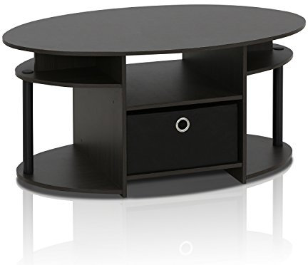 Furinno JAYA Ovaler Couchtisch mit modernem Design mit Einschub, holz, Nussbaum, 50.04 x 50.04 x 16.4 cm, Walnuss/Schwarz