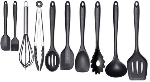10-Piece Silicone Kitchen Utensil Set - Non-Stick, Heat Resistant Cooking Utensils Set of Spatula, Turner, Spoons, Tong, Oil Brush and Whisk (Black)
