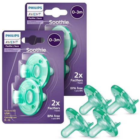 Philips AVENT Soothie - Ciucci ortodontici per bambini, 100% silicone, un pezzo, senza BPA, per bambini da 0 a 3 mesi, verde, confezione da 4, modello SCF190/41