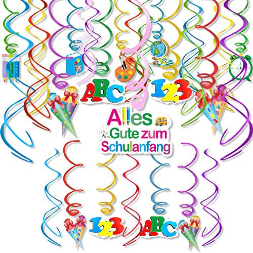 HOWAF 30 Stück Einschulung Deko Schulanfang Deckenhänger Spiral Girlande Hängedeko 123 ABC Zuckertüte Motiv für Schuleinführung Schulanfang Deko Einschulung Junge Mädchen Schule Klassenzimmer