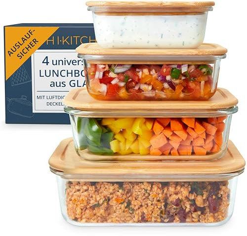 HIKITCHEN® 4er Set Auslaufsichere Glas Vorratsdosen mit Bambusdeckel - Hochwertige Meal Prep Boxen - Frischhaltedosen mit Bambus-Deckel - Glas-Vorratsbehälter