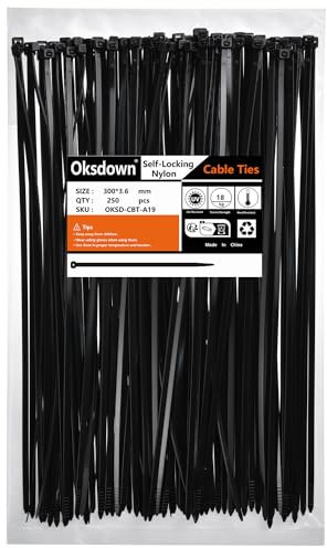 Oksdown 250 Pack Black Nylon Cable Ties 300mm×3.6mm Heavy Duty Strong Plastic Premium Self Locking 12 inch/30 cm Long Zip Tie Wraps