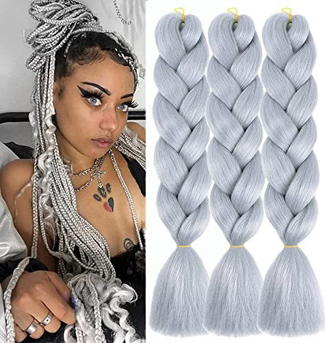 ColorfulPanda 3 Stücke Jumbo Braid Kunsthaar 24 Zoll 100g Kanekalon Haar Flechten Extensions Für Crochet Twist Flechten Haar (Grau)