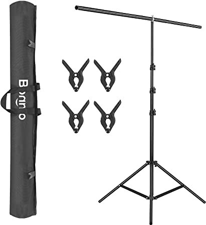 Bonnlo 2,6 x 1,5 m T-Forme de Support Toile de Fond Photo, Support de Fond Trépied Réglable avec 4 Pinces, Un Sac à Main, pour Professionnel Fond Studio Photo, Photographie Portrait.