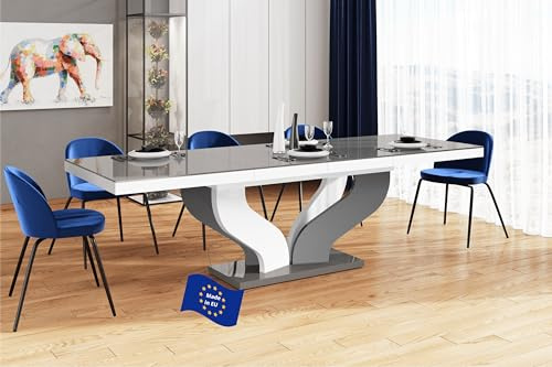 Design Esstisch HEB-222 Grau Hochglanz / Weiß Hochglanz ausziehbar 160 cm bis 256 cm Esszimmertisch für bis zu 10 Personen Hochglanz Funktionstisch modern vielseitig Esszimmer erweiterbar zeitlos
