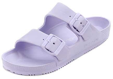 VICT POPU Pantoletten Damen mit Fussbett Sandalen Flach Rutschfest Sommer Badelatschen Lässig EVA Slides Erwachsene Schlappen Helles Lila 36