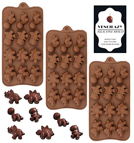 VENCILAZY Dinosaur Silicone Mould Set 3PCS - 12-Cavity Chocolate, Ice Cube & Candy Tray | Non-Stick Baking Decor for Kids Party, Cake Toppers | BPA Free Jelly/Wax Melt Mould (Dino Theme)