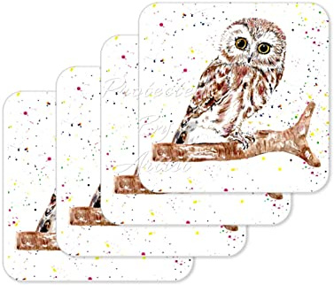 Untersetzer Eule Britische Tiere, handbemalte Tiere, Aquarell, Kunstgeschenk, Arbeit, Büro, Esszimmer, Tee, Kaffee (4)
