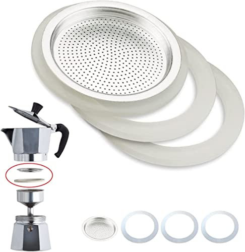 Junta y filtro de cafetera universal para recambios Moka 3 anillos de sellado de látex + 1 filtro de acero (3 tazas)