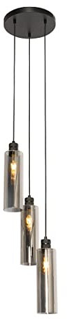 Qazqa - Moderne Hängelampe I Pendellampe I Pendelleuchte schwarz mit Rauchglas 3-flammig - Stavelot I Wohnzimmer I Schlafzimmer - Rund - LED geeignet E27