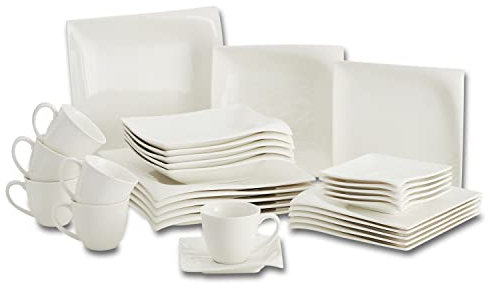 Peill+Putzler Germany, Kombiservice für 6 Personen Porzellan 30-teiliges eckiges Geschirrset weiß, geschwungenes Design 6xDessertteller 6xKaffeetassen 6xKaffeeuntertassen 6xSpeiseteller 6xSuppenteller