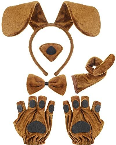 Cindeer 5 Stück Welpen Tier Cosplay Party Set inklusiv Hund Tier Haarreif mit Ohren Fliege Gefälschte Nase Party Hund Schwanz Welpen Pfoten Handschuhe Tierkostüm Zubehör für Halloween (Kaffe)