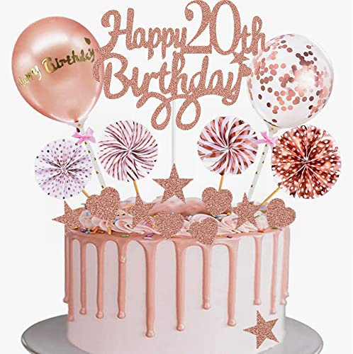 Yunchu Online Tortendeko 20. Geburtstag Mädchen - Happy Birthday Cake Topper Roségold Kuchen Topper - Kuchendeko für 20 Jahre Mädchen - Cupcake Toppers