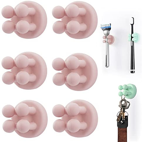Zayin Silicone Toothbrush Zahnbürstenhalter Rasiererhalter Multifunktions-Haken Wasserdicht Selbstklebend Zahnbürstenhaken Stopfenhalter (6 Stück Rosa)