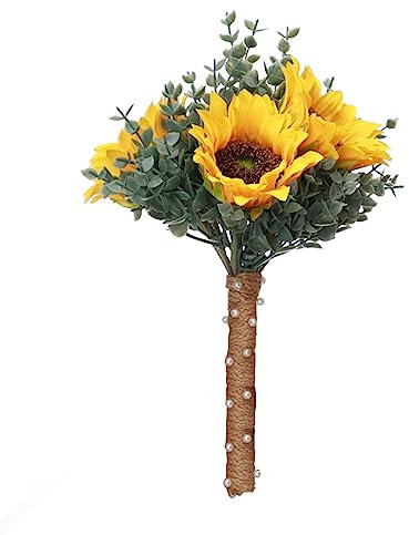 BEIJIALY Künstliche Sonnenblumen-Hochzeitssträuße, Sonnenblumen-Hochzeitsstrauß, Brautstrauß mit Eukalyptus, Künstlicher Seidenblumenstrauß mit Sonnenblumen für die(Gelb)
