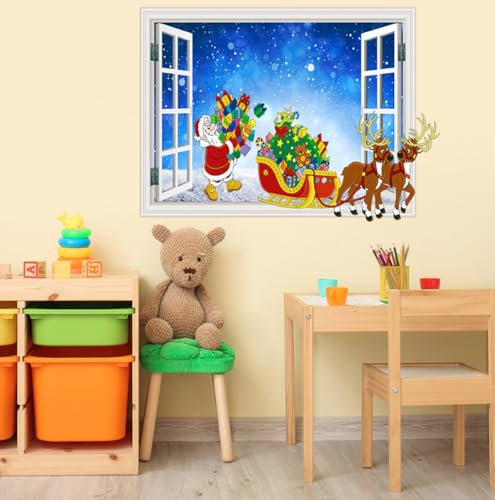 2-teilige 3d Zerbrochene Wand Elch Weihnachtsmann Wandaufkleber, Wohnzimmer, Kinderzimmer, Weihnachtsdekoration, Selbstklebende Papiertapete, 50 Bis 70cm