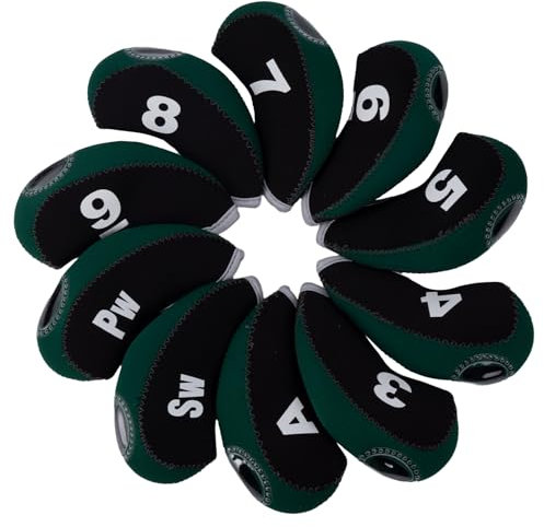 Andux, set 10 di copri testa per mazze da golf in ferro con etichetta numerata, Nero/verde scuro