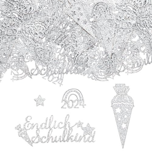 60 Stück Schulkind 2024 Deko Konfetti Groß, Tischdeko Einschulung Deko Confetti, Schulanfang Deko Tisch, Schulkind Deko Glitzer Silber Streudeko Einschulung, Zuckertüte Konfetti für Deko Einschulung