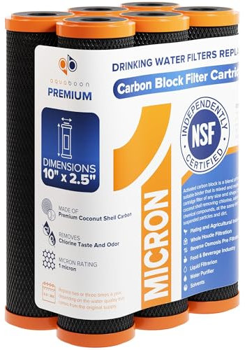 Aquaboon Filtro de agua de bloque de carbono de 1 micra de 10 x 2.5 - Filtros de agua CTO para toda la casa para encimera, configuración debajo del fregadero, compatible con FXWTC, paquete de 6