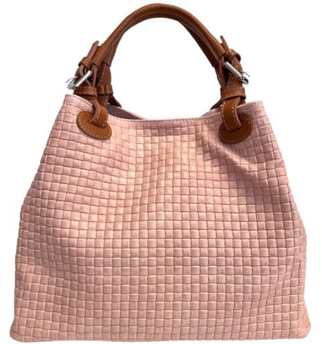 Modarno Borsa a Mano Stampa Intrecciata da Donna con Tracolla in vera pelle - 33x17x29 Cm (Rosa)