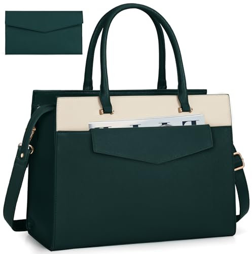 RAINSMORE Handtasche Damen Umhängetasche 2 in 1 Shopper Damen 15.6 Zoll Groß PU Leder Laptoptasche Damen Wasserdicht Arbeitstasche für Business Büro Schule Dunkelgrün und Beige