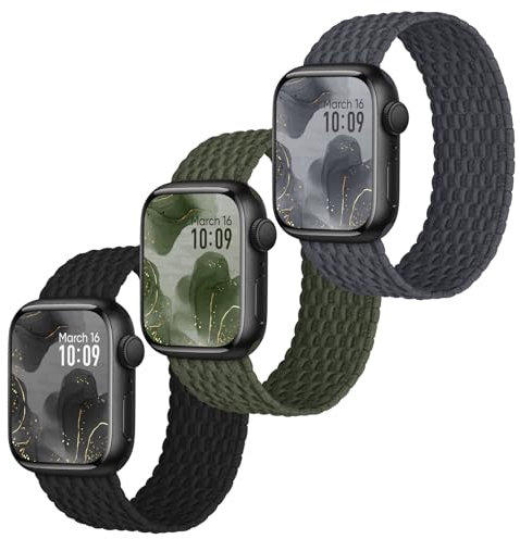 Raradev 3 Stück Geflochten Armband Kompatibel mit Apple Watch Armband 44mm 45mm 42mm, Elastisch Nylon Band Solo Loop Sport Armbänder für iWatch Series 9 8 7 6 5 4 3 2 1 SE, XL 160MM