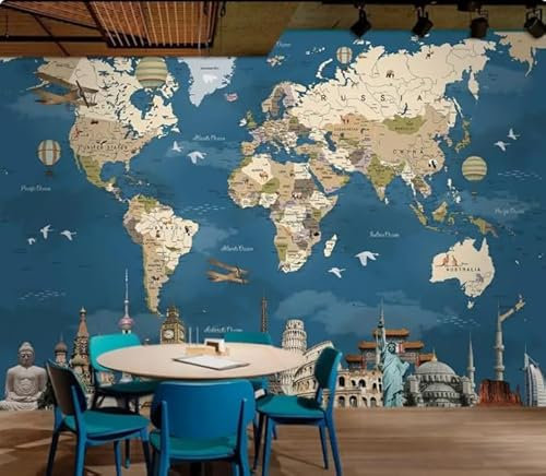 kfjhgbdshhj 3D Wallpaper Mural Nostalgia Blue World Map Living Room TV Background Wall Wallpaper,3D,150x105cm