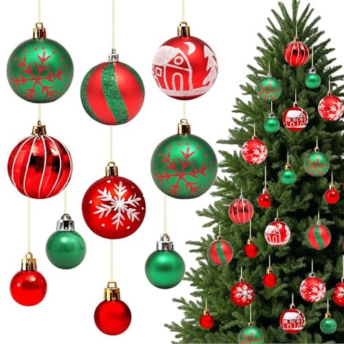 VOPIWOZ 44 Stück Christbaumkugeln, Christbaumschmuck Rot Grün Weihnachtsbaumkugeln, 12 Stück 6cm und 32 Stück 3cm, Wetterfeste Weihnachtskugeln für Weihnachtsdeko