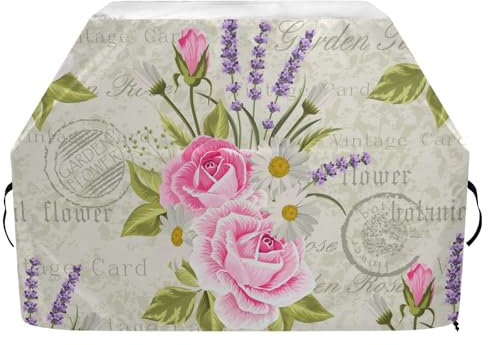 Grillabdeckungen mit verstellbarem Riemen, Grillabdeckung für Weber, Brinkmann, Char Broil, wasserdicht, winddicht, Blumenmuster, rosa Rosen, Lavendel, Vintage-Gasgrill-Abdeckung (165 x 63,5 x 114 cm)