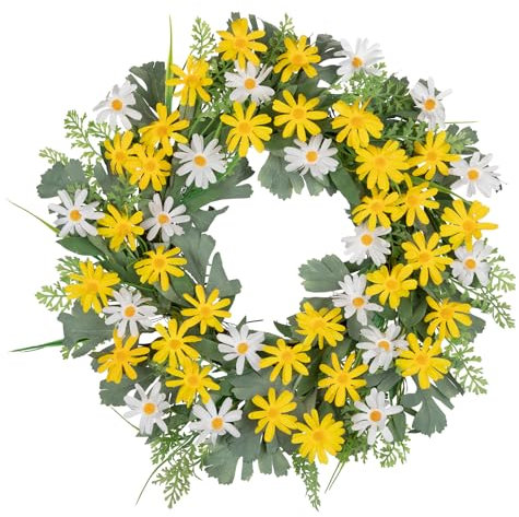 Arborus Türkranz Künstlich 55 cm Künstliche Frühlingblumen Kamille Kunstblumen Gleb Blumenkranz Dekorativ Kranz Frühling Deko Wandkranz Dekokranz für Haustür Wand Fenster Tisch Hochzeit Deko