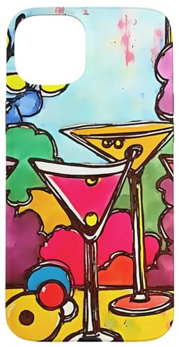 iPhone 15 Plus Martini Glasses And Summer Flowers Black Outline Art Case