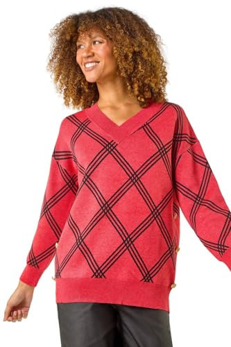 Roman Originals Grid Pattern V-Neck Knit Jumper for Women UK - Ladies Everyday Autumn Winter Round Neckline Comfy Soft Evening Vacation Work Party Night Out - Red - Size 12