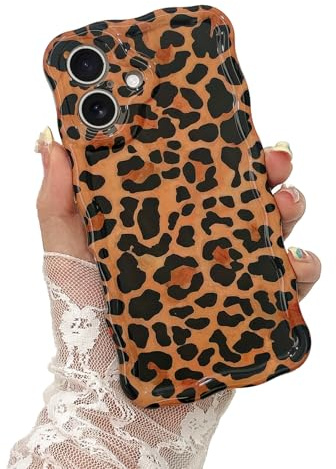 LAPOPNUT For iPhone 16 Case,Animal Print Curly Wave Frame Soft TPU Case for Women Girls,Shockproof Protection Cool Leopard Pattern Phone Cover for Apple iPhone 16 6.1,Brown