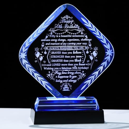 Movdyka Crystal 50th Birthday Gifts for Women Men with LED Light Base Happy 50th Birthday Presents Ideas for Friends 50 Years Old Keepsake Decor Ornaments