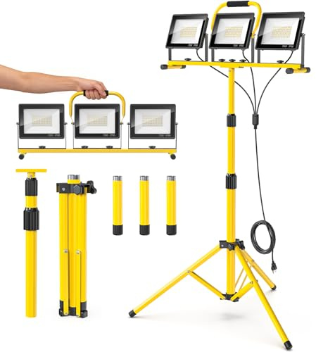 21000LM LED WORK LIGHTS WITH STAND - Portable 3 Head Work Light with 16.5ft Cord - IP66 Waterproof Tripod Height Adjustable for Indoor and Outdoor, Place of