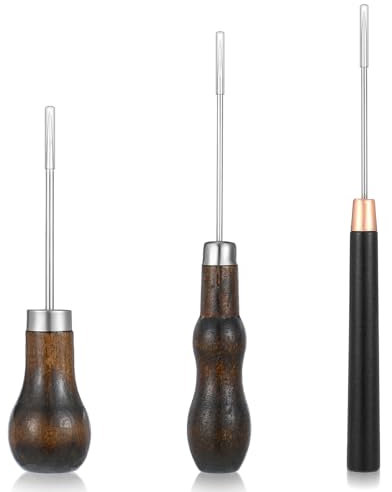 BOHUIZ 3 Pcs Scratch Awl Tool with Wooden Handle Leather Scratch Awl Tool Gourd Shape Pin Punching for Leather Punch Hole Craft Repair Shoes Sewing Crochet DIY Handmade Stitch