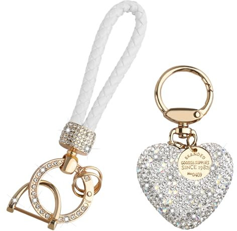 Hopton Schlüsselanhänger Auto Herz, Personalisiert Glitzer Schlüsselanhänger Leder für Damen, Stilvolles Accessoire für Tasche, Geldbörse & Koffer (WEISS)