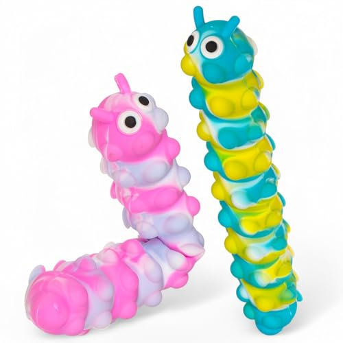 MIJOMA Fidget Pop N' Stick Raupen 2er-Set – Bunte Fidget-Tiere mit Saugnäpfen & Pop-Elementen – Sensorikspielzeug für Kinder & Erwachsene, Zufallsauswahl