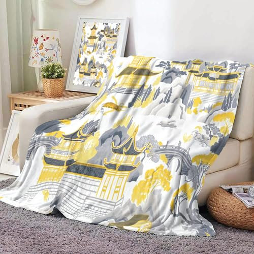 Kuscheldecke Flauschig - Gartenarchitektur Wolldecke & Flanell Fleecedecke, Orientalische Ästhetik Sofadecke, Weiche Warme Kuscheldecken für Zimmer Deko, Gelb-220x240cm