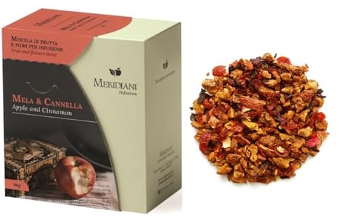 Meridiani® | Mela e Cannella Miscela per Infuso | Tisana Mela Cannella e Vaniglia Senza Caffeina - (80 Gr) | Miscela Fruttata Sapore Dolce Speziato