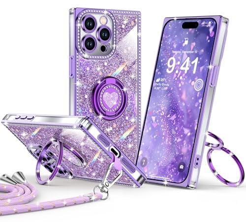 XYZ for iPhone 15 Pro Max Case, Glitter Cover with 2-Ring Stand Purple