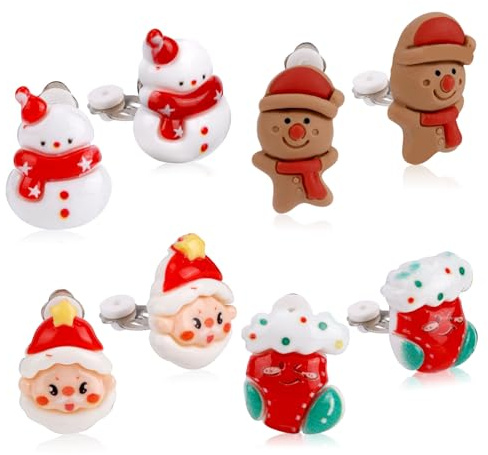 4 Paare Weihnachts Clip-on Ohrstecker Set für Kinder Mädchen, Nicht Durchbohrt Weihnachtsmann Schneemann Lebkuchenmann Strumpf Schmuck Geschenke