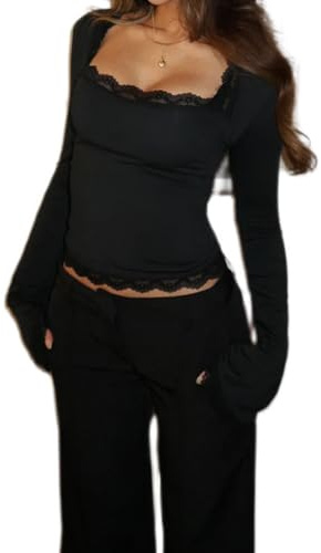 BABWWNIX Womens Y2K Bell Long Sleeve Top Lace Trim Square Neck T Shirt Crop Tops Slim Fit Going Out Shirts Blouse Streetwear