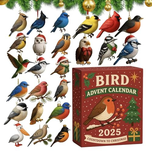 Qfdiwr Adventskalender 2025, Weihnachtsbaumschmuck aus Acryl, 24 Tage Adventskalender mit Vogel-Ornament | für Männer Frauen Mädchen Teenager